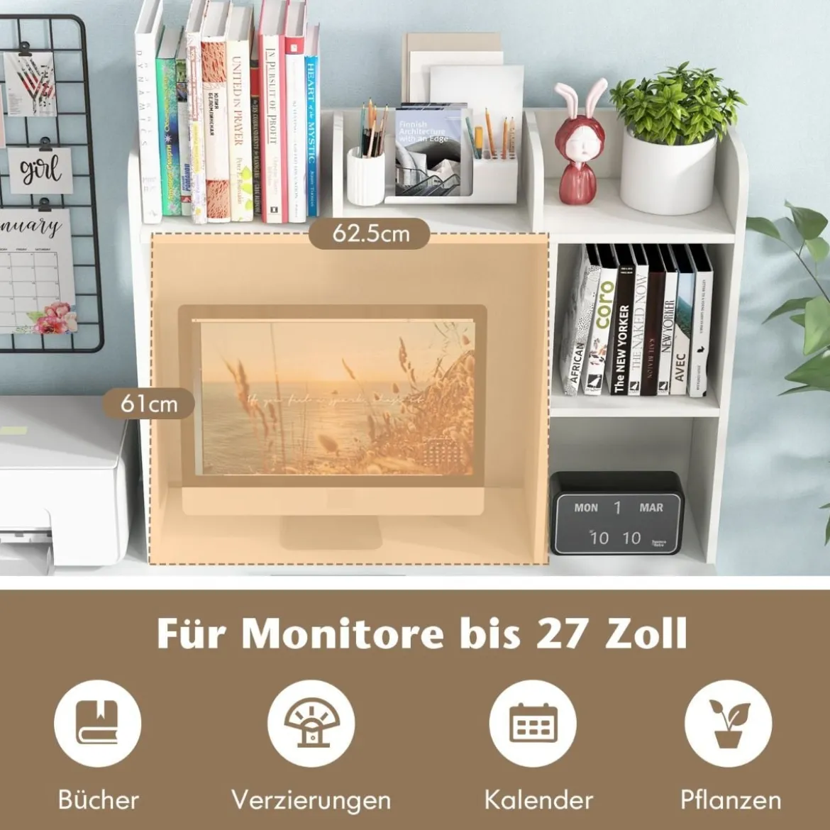 Schreibtischregal Tischregal mit 4 Ablagen und offenem Fach 94 x 25 x 74 cm Rustikales Braun/Natur/Weiß