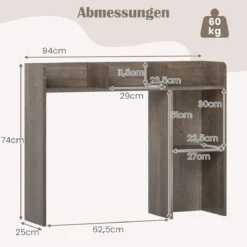 Schreibtischregal Tischregal mit 4 Ablagen und offenem Fach 94 x 25 x 74 cm Rustikales Braun/Natur/Weiß
