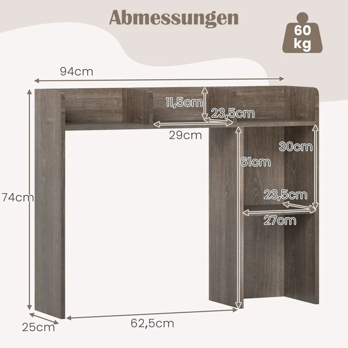 Schreibtischregal Tischregal mit 4 Ablagen und offenem Fach 94 x 25 x 74 cm Rustikales Braun/Natur/Weiß