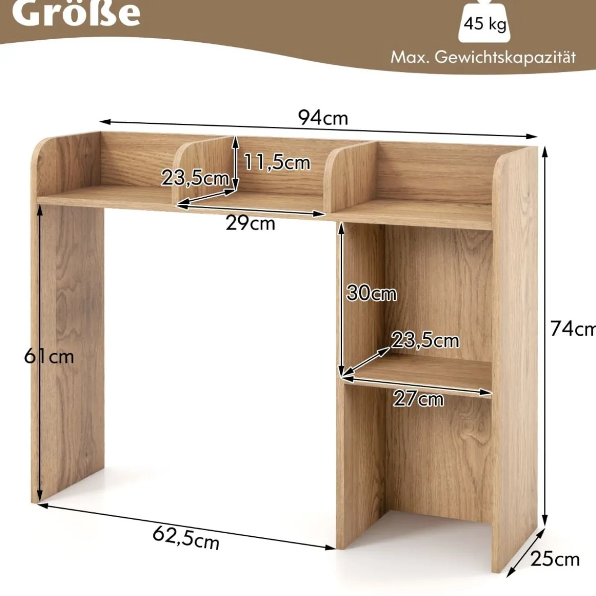 Schreibtischregal Tischregal mit 4 Ablagen und offenem Fach 94 x 25 x 74 cm Rustikales Braun/Natur/Weiß