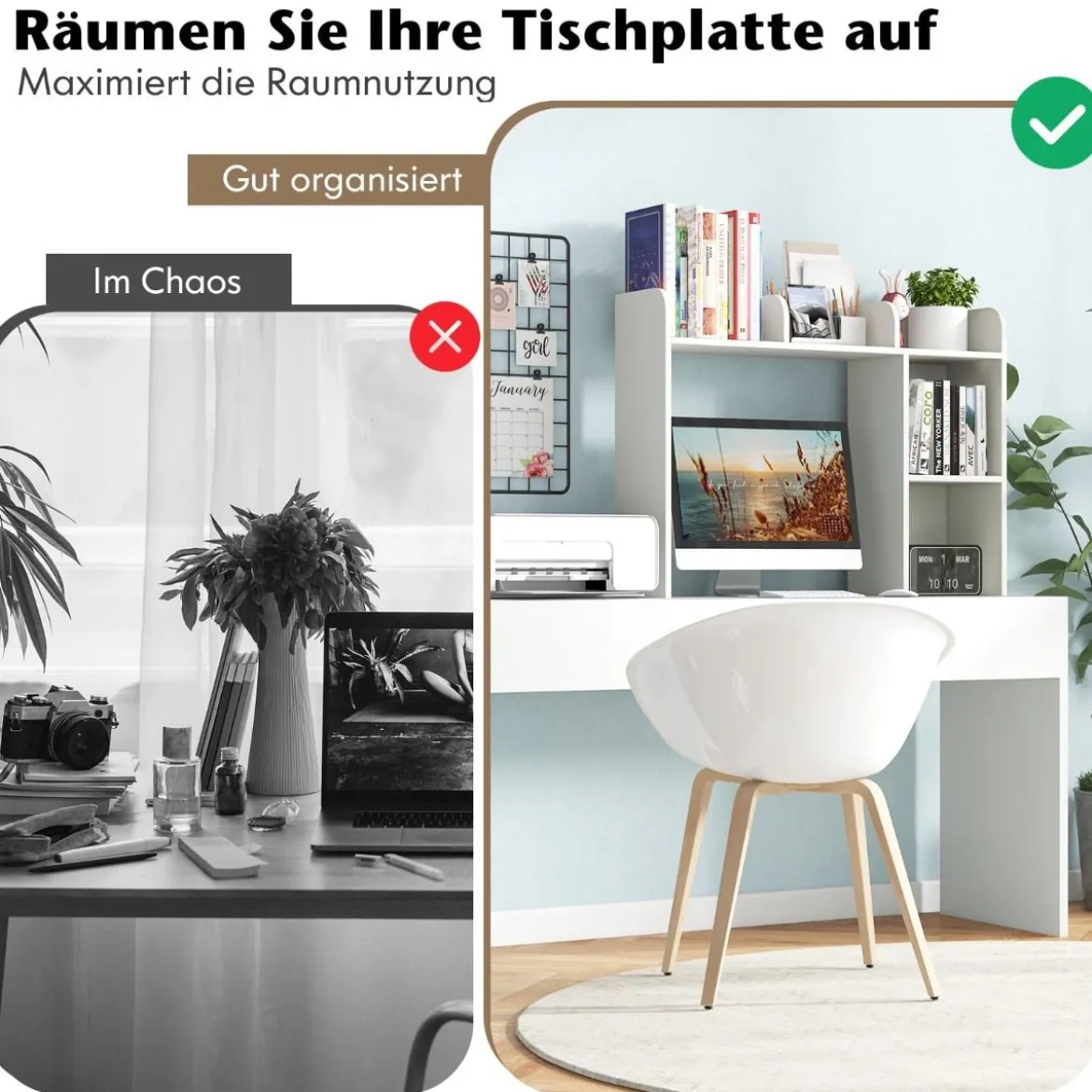 Schreibtischregal Tischregal mit 4 Ablagen und offenem Fach 94 x 25 x 74 cm Rustikales Braun/Natur/Weiß