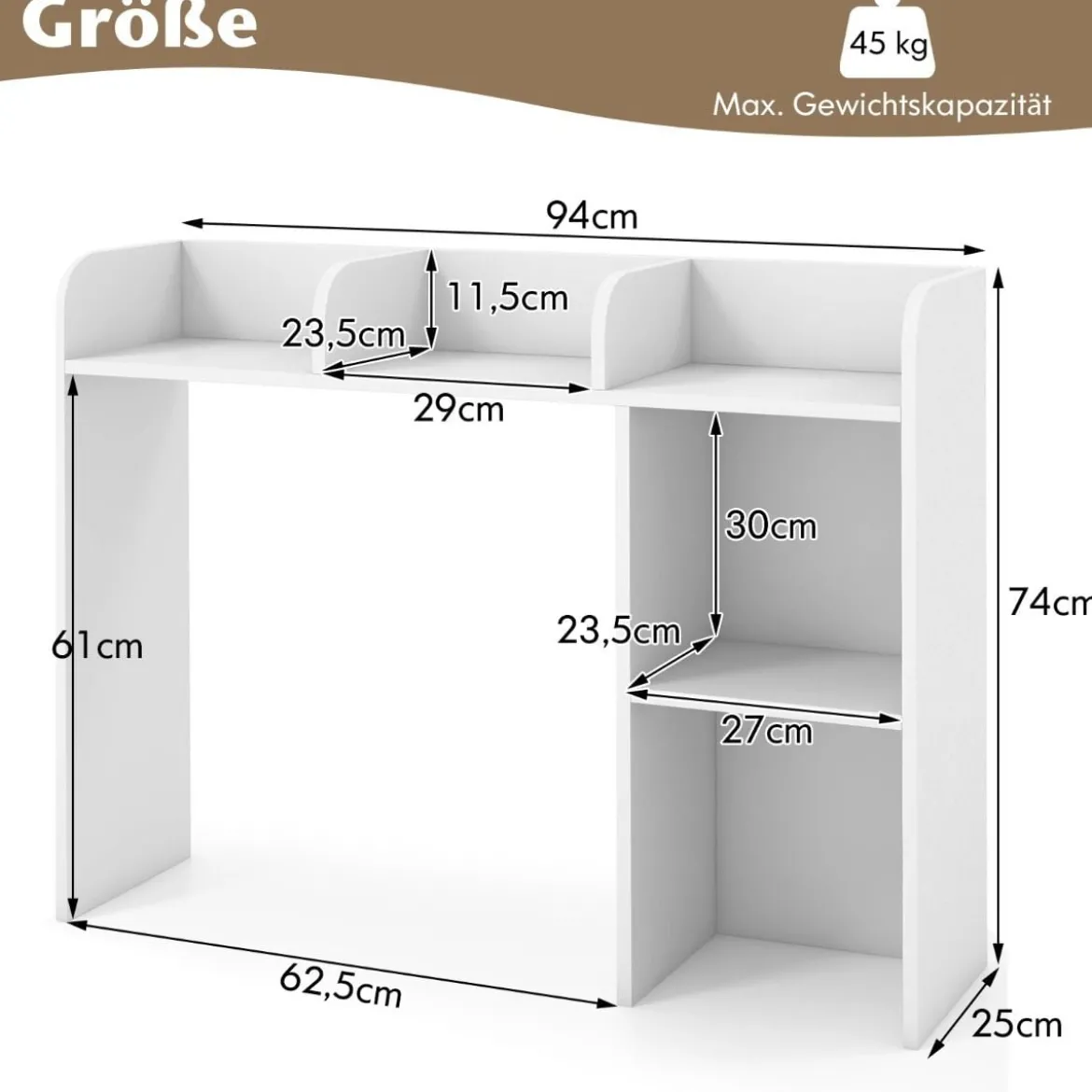 Schreibtischregal Tischregal mit 4 Ablagen und offenem Fach 94 x 25 x 74 cm Rustikales Braun/Natur/Weiß