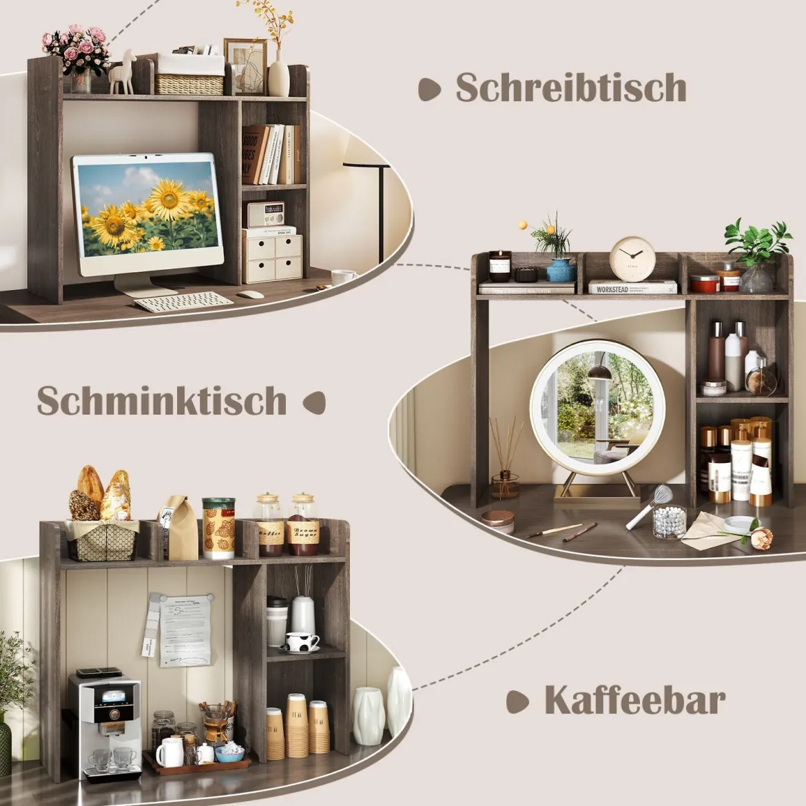 Schreibtischregal Tischregal mit 4 Ablagen und offenem Fach 94 x 25 x 74 cm Rustikales Braun/Natur/Weiß