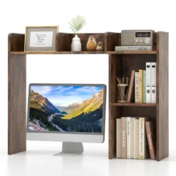Schreibtischregal Tischregal mit 4 Ablagen und offenem Fach 94 x 25 x 74 cm Rustikales Braun/Natur/Weiß