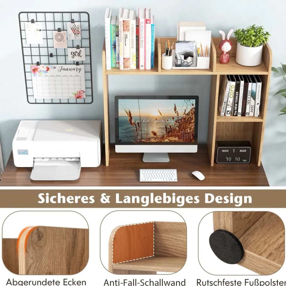 Schreibtischregal Tischregal mit 4 Ablagen und offenem Fach 94 x 25 x 74 cm Rustikales Braun/Natur/Weiß