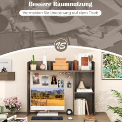 Schreibtischregal Tischregal mit 4 Ablagen und offenem Fach 94 x 25 x 74 cm Rustikales Braun/Natur/Weiß