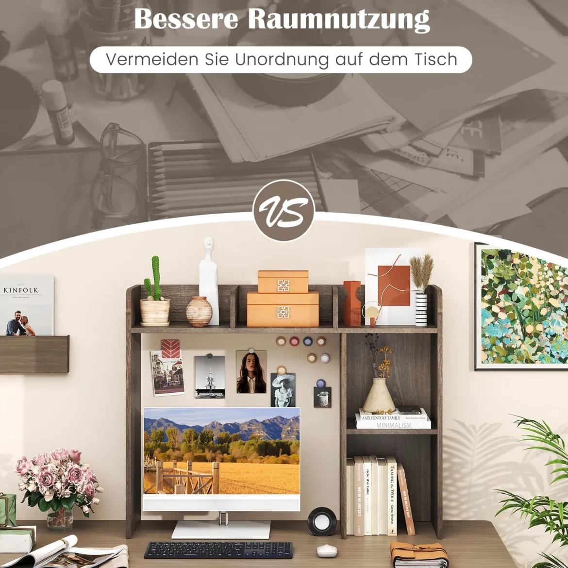 Schreibtischregal Tischregal mit 4 Ablagen und offenem Fach 94 x 25 x 74 cm Rustikales Braun/Natur/Weiß