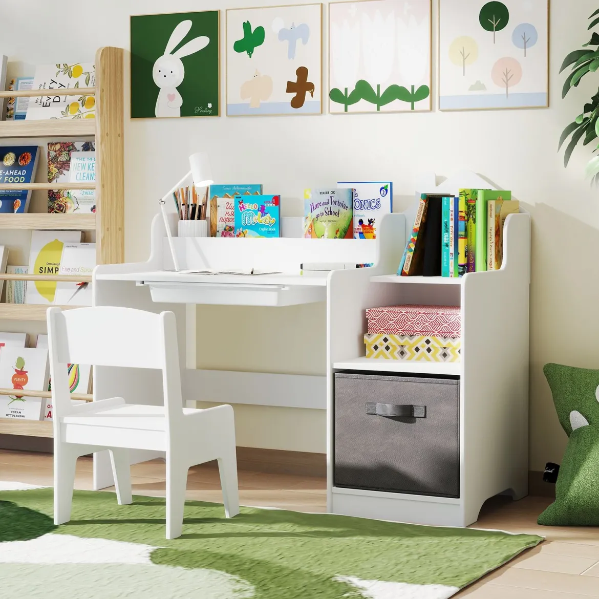 Schreibtisch- & Stuhlset für Kinder Schülertisch mit offenen Regalen Schublade & Stoffbehälter Weiß