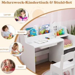 Schreibtisch- & Stuhlset für Kinder Schülertisch mit offenen Regalen Schublade & Stoffbehälter Weiß
