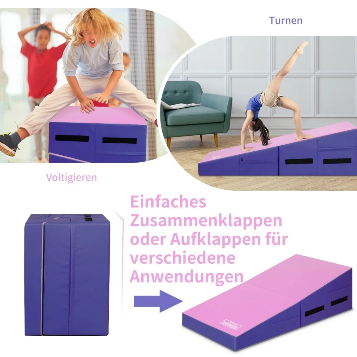 Schräge Gymnastikmatte faltbare keilförmige Gymnastik-Käsematte Sportmatte mit Griffen Rosa Lila
