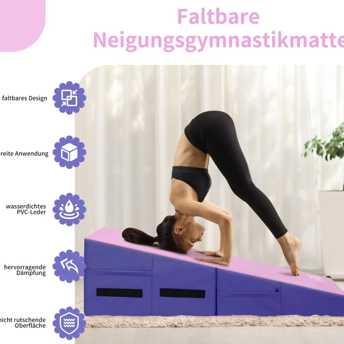 Schräge Gymnastikmatte faltbare keilförmige Gymnastik-Käsematte Sportmatte mit Griffen Rosa Lila