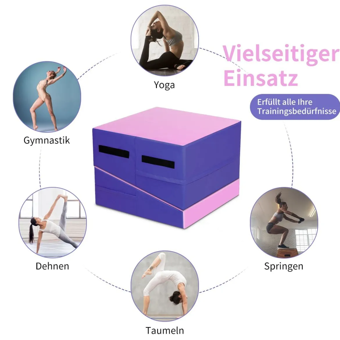 Schräge Gymnastikmatte faltbare keilförmige Gymnastik-Käsematte Sportmatte mit Griffen Rosa Lila