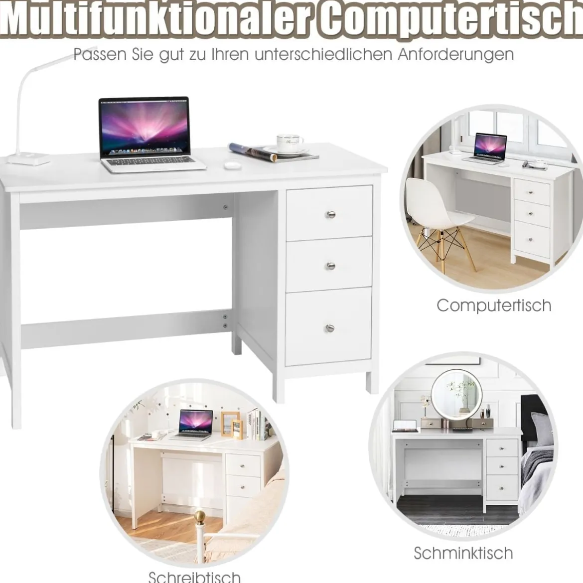 Schubladen-Computertisch Schreibtisch für Zuhause und Büro mit Schubladen 120 x 50 x 75 cm Weiß