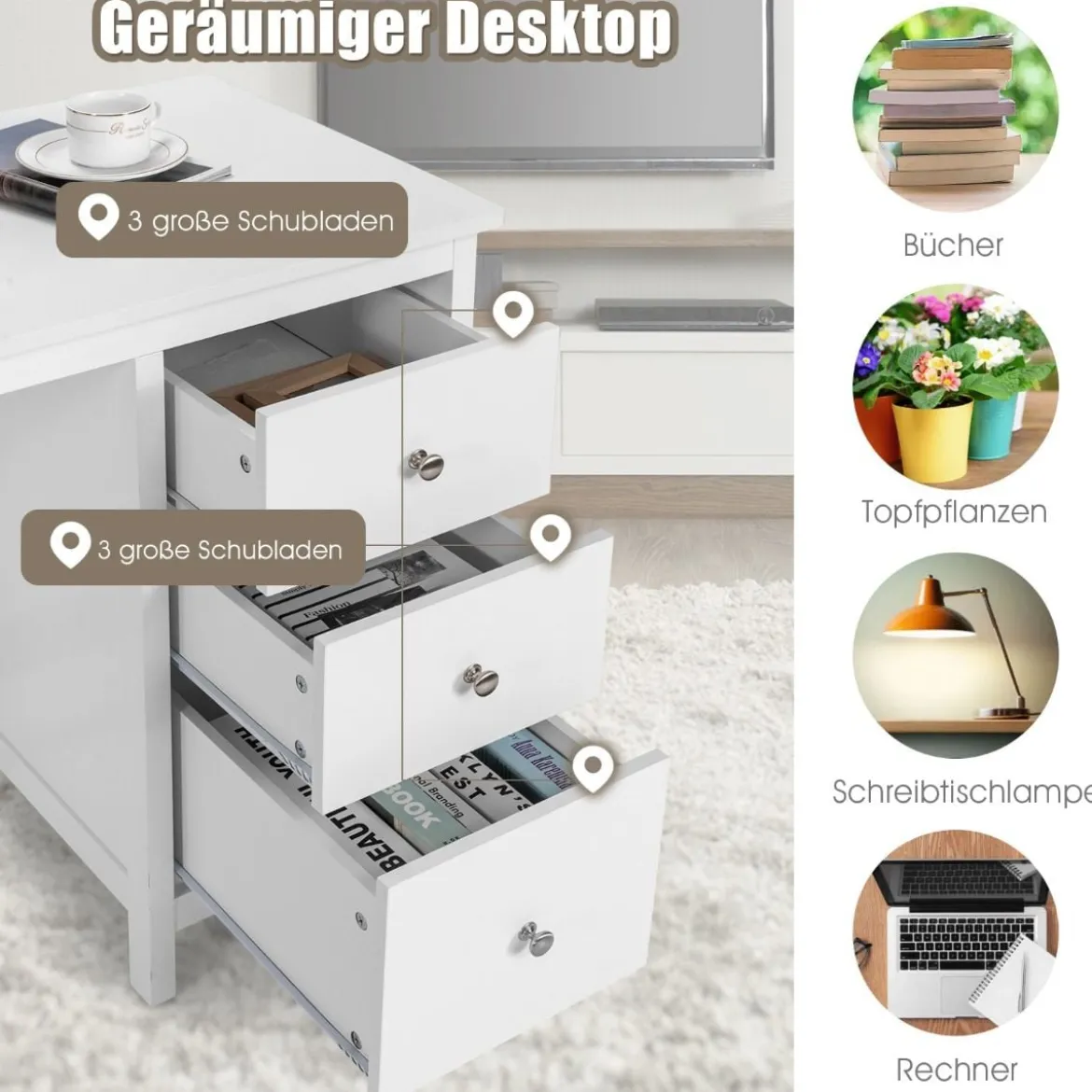 Schubladen-Computertisch Schreibtisch für Zuhause und Büro mit Schubladen 120 x 50 x 75 cm Weiß