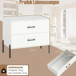 2-Schubladen-Kommode moderner Nachttisch aus Holz mit Metallbeinen & Griffen kompakter Beistelltisch Weiß