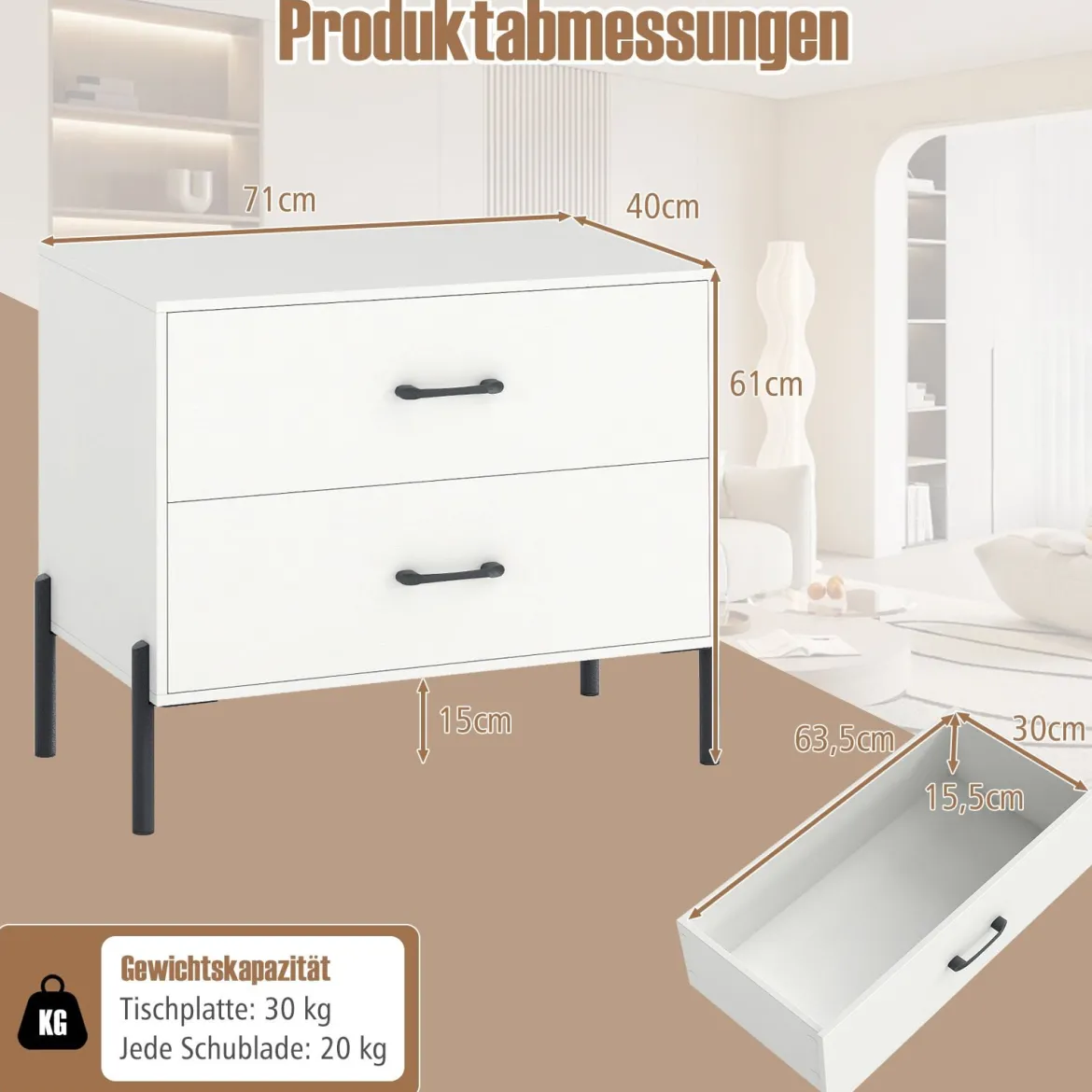 2-Schubladen-Kommode moderner Nachttisch aus Holz mit Metallbeinen & Griffen kompakter Beistelltisch Weiß