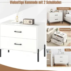 2-Schubladen-Kommode moderner Nachttisch aus Holz mit Metallbeinen & Griffen kompakter Beistelltisch Weiß