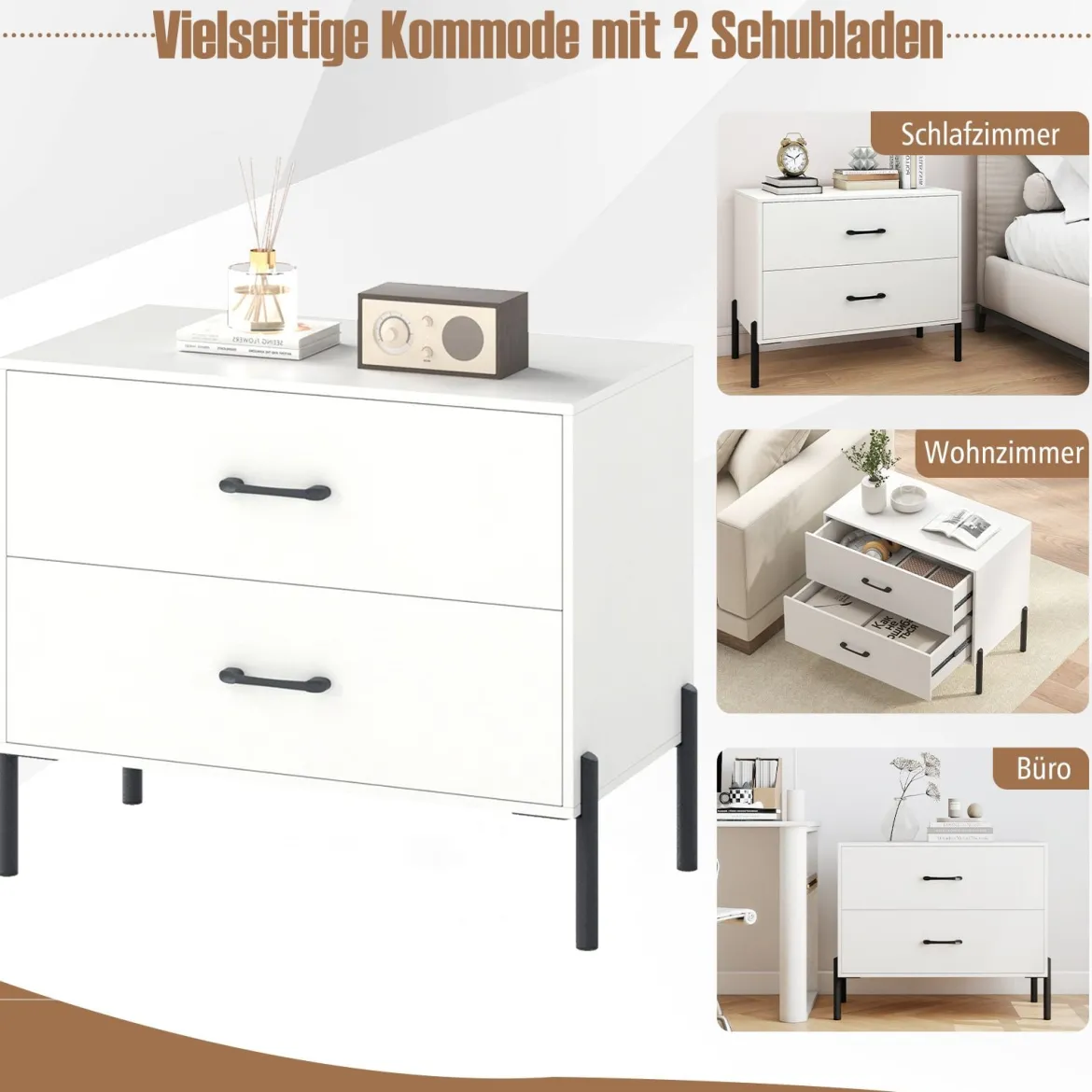2-Schubladen-Kommode moderner Nachttisch aus Holz mit Metallbeinen & Griffen kompakter Beistelltisch Weiß