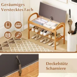 Schuhbank aus Bambus mit Stauraum 2-stufiges Schuhregal mit gepolstertem Sitzkissen 70 x 31,5 x 51 cm Natur & Grau