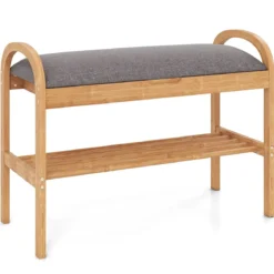 Schuhbank aus Bambus mit Stauraum 2-stufiges Schuhregal mit gepolstertem Sitzkissen 70 x 31,5 x 51 cm Natur & Grau