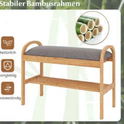 Schuhbank aus Bambus mit Stauraum 2-stufiges Schuhregal mit gepolstertem Sitzkissen 70 x 31,5 x 51 cm Natur & Grau