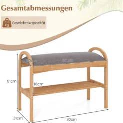 Schuhbank aus Bambus 2-stufiges Schuhregal mit gepolstertem Sitzkissen & Regal 70 x 31,5 x 51 cm Natur & Grau