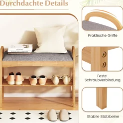 Schuhbank aus Bambus 2-stufiges Schuhregal mit gepolstertem Sitzkissen & Regal 70 x 31,5 x 51 cm Natur & Grau