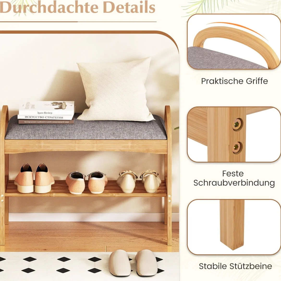 Schuhbank aus Bambus 2-stufiges Schuhregal mit gepolstertem Sitzkissen & Regal 70 x 31,5 x 51 cm Natur & Grau