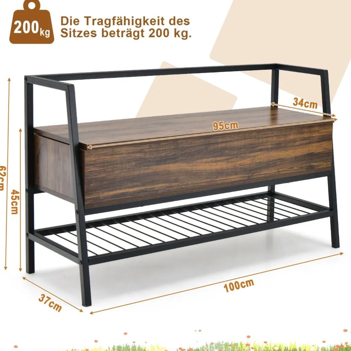 Schuhbank Industrielle Schuhbank mit Verstecktem Stauraum 100 x 37 x 62 cm Rustikales Braun