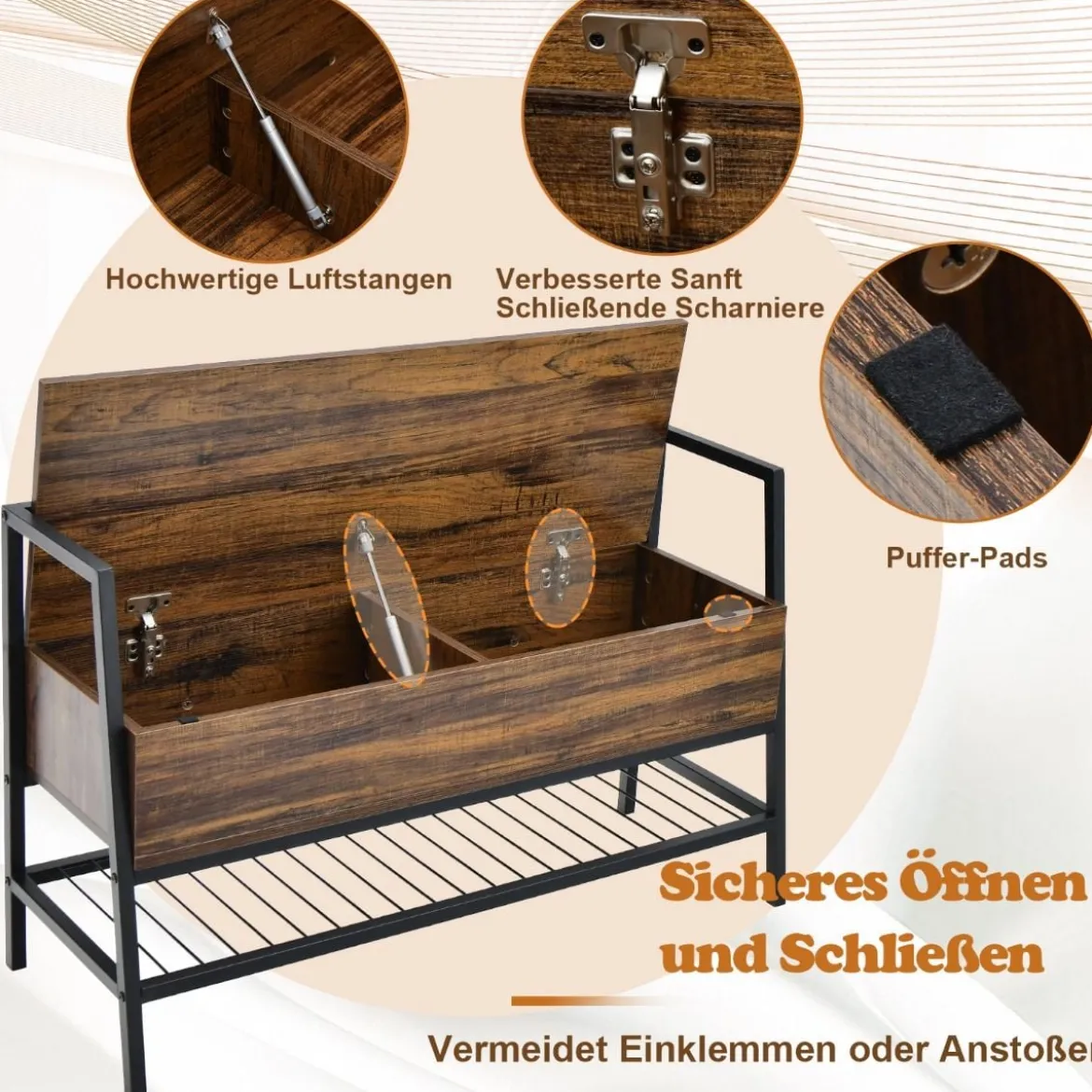 Schuhbank Industrielle Schuhbank mit Verstecktem Stauraum 100 x 37 x 62 cm Rustikales Braun