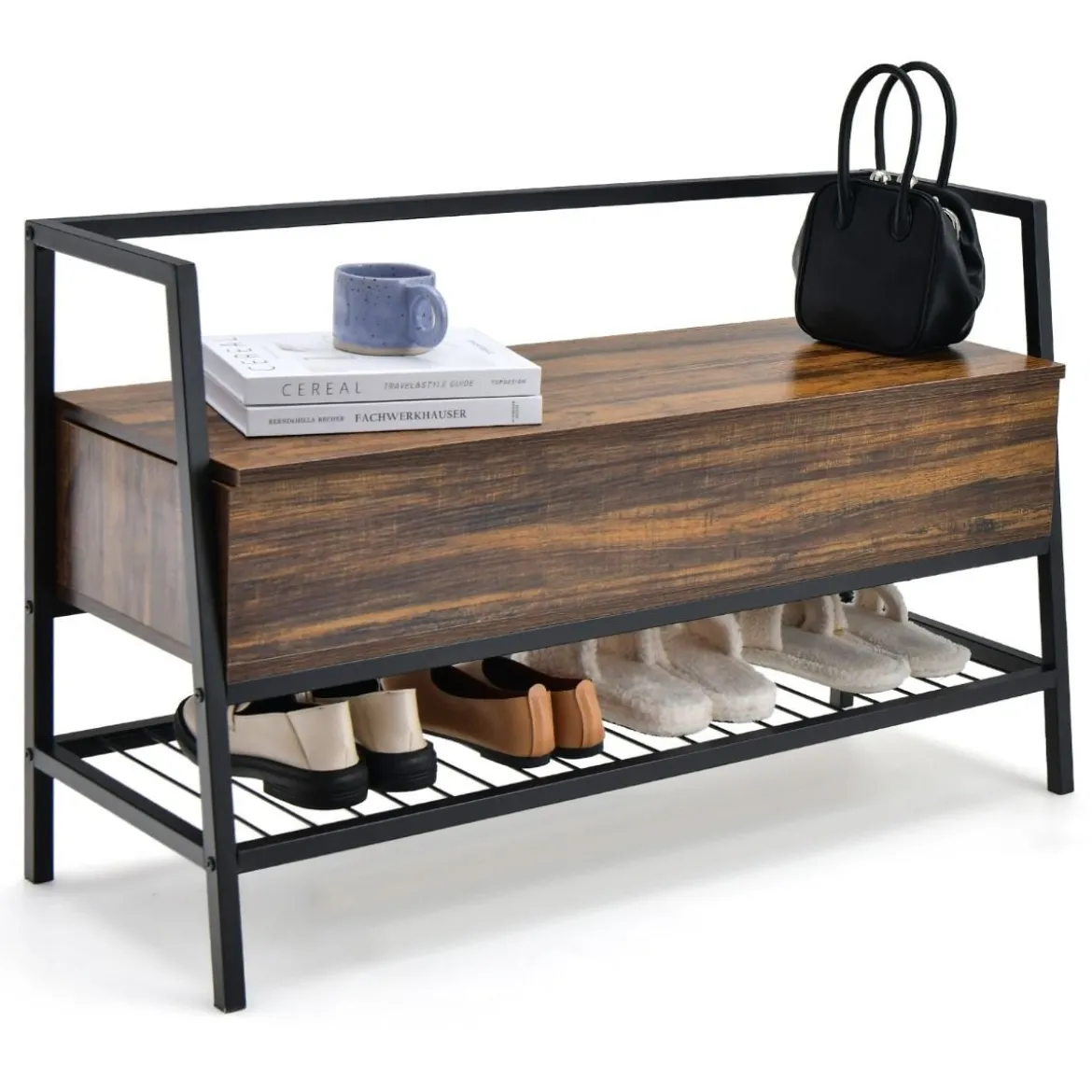 Schuhbank Industrielle Schuhbank mit Verstecktem Stauraum 100 x 37 x 62 cm Rustikales Braun
