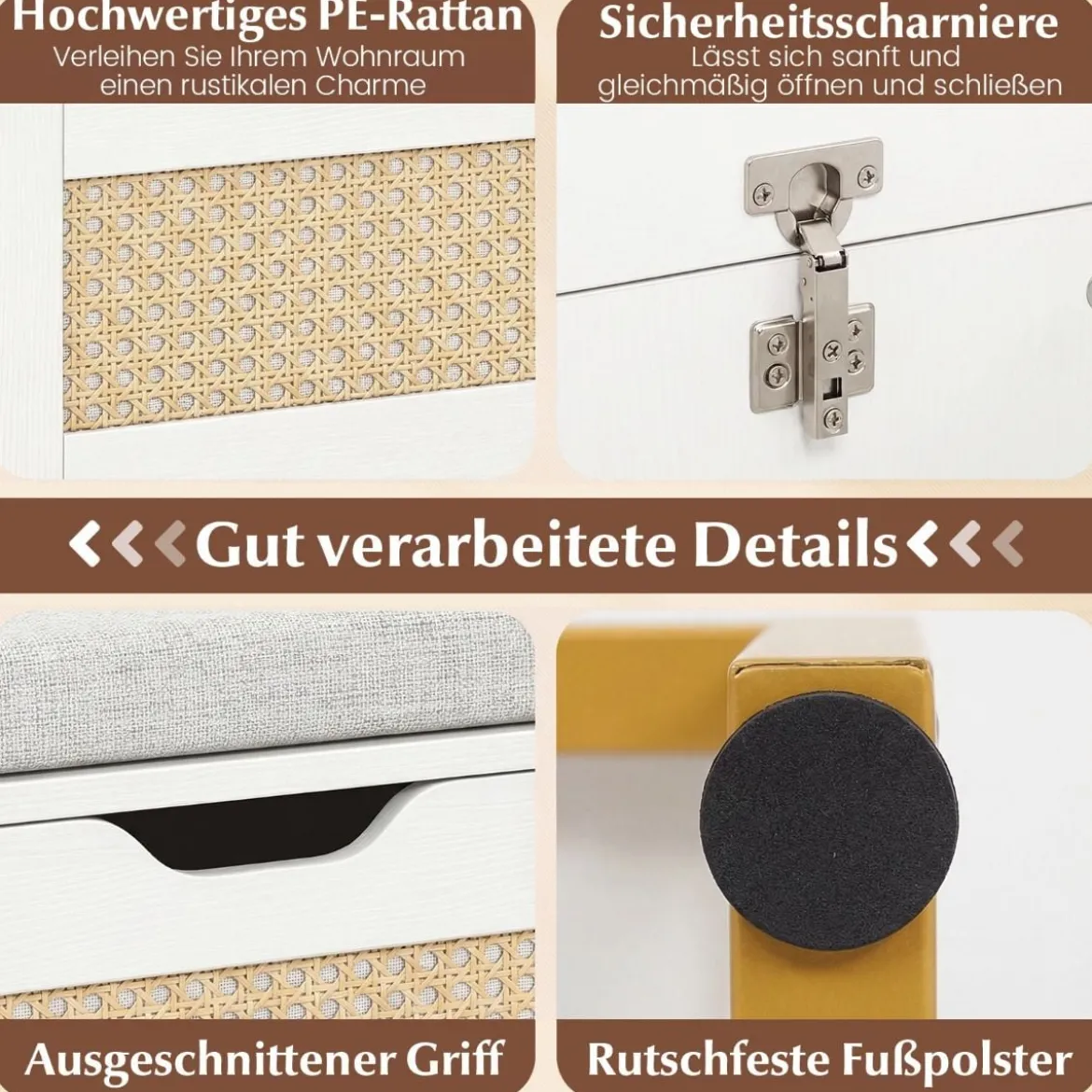 Schuhbank mit Gepolsterter Sitzfläche & Klappdeckel Rattan Schuhschrank bis zu 200 kg Belastbar Weiß