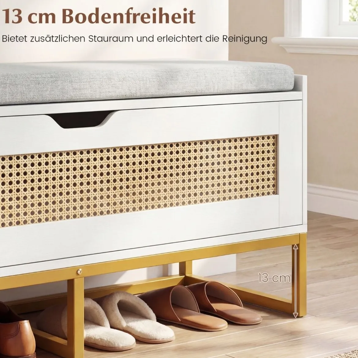 Schuhbank mit Gepolsterter Sitzfläche & Klappdeckel Rattan Schuhschrank bis zu 200 kg Belastbar Weiß