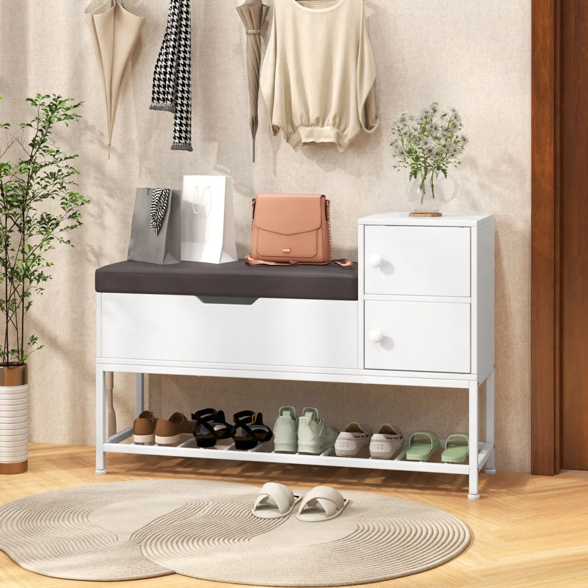 Schuhbank mit Klappdeckel & Sitzfläche & 2 Türen Schuhregal Schuhschrank 100 x 30 x 68 cm