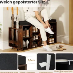 Schuhbank mit Schirmhalter mit Gepolsterter Sitzfläche & Abnehmbare Regalböden Rustikales Braun