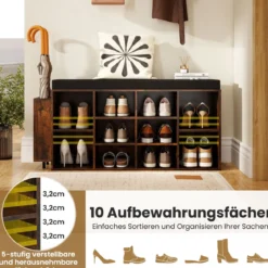 Schuhbank mit Schirmhalter mit Gepolsterter Sitzfläche & Abnehmbare Regalböden Rustikales Braun