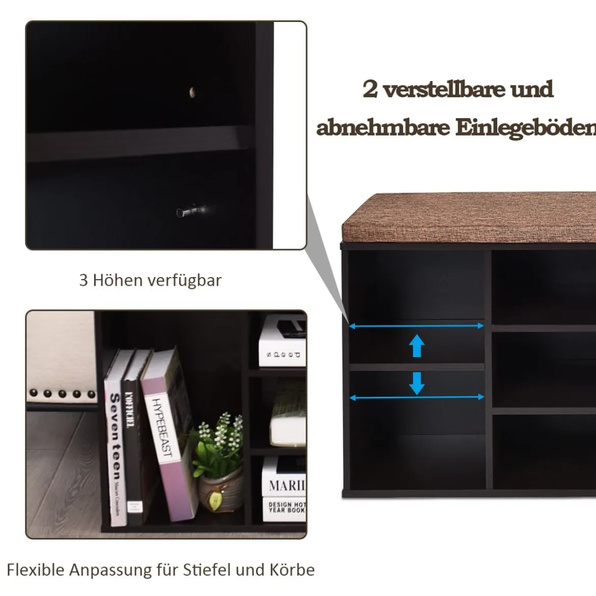 Schuhbank mit Sitzfläche Schuhregal Schuhkommode Schuhablage Schuhschrank Sitzbank mit Regal & Sitzkissen Holz Braun