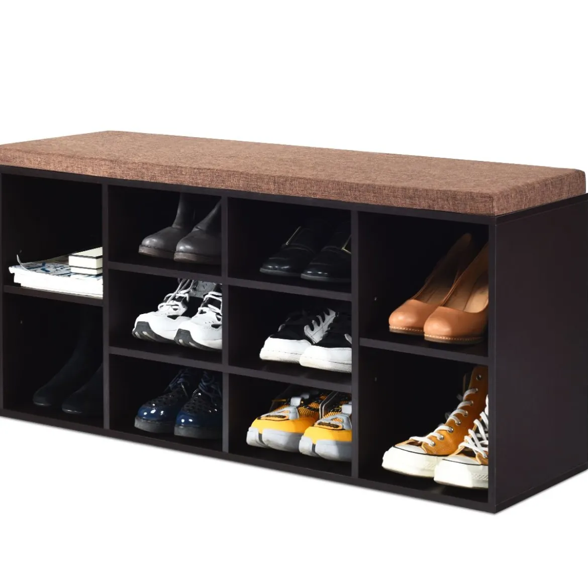 Schuhbank mit Sitzfläche Schuhregal Schuhkommode Schuhablage Schuhschrank Sitzbank mit Regal & Sitzkissen Holz Braun