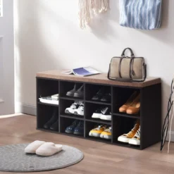 Schuhbank mit Sitzfläche Schuhregal Schuhkommode Schuhablage Schuhschrank Sitzbank mit Regal & Sitzkissen Holz Braun
