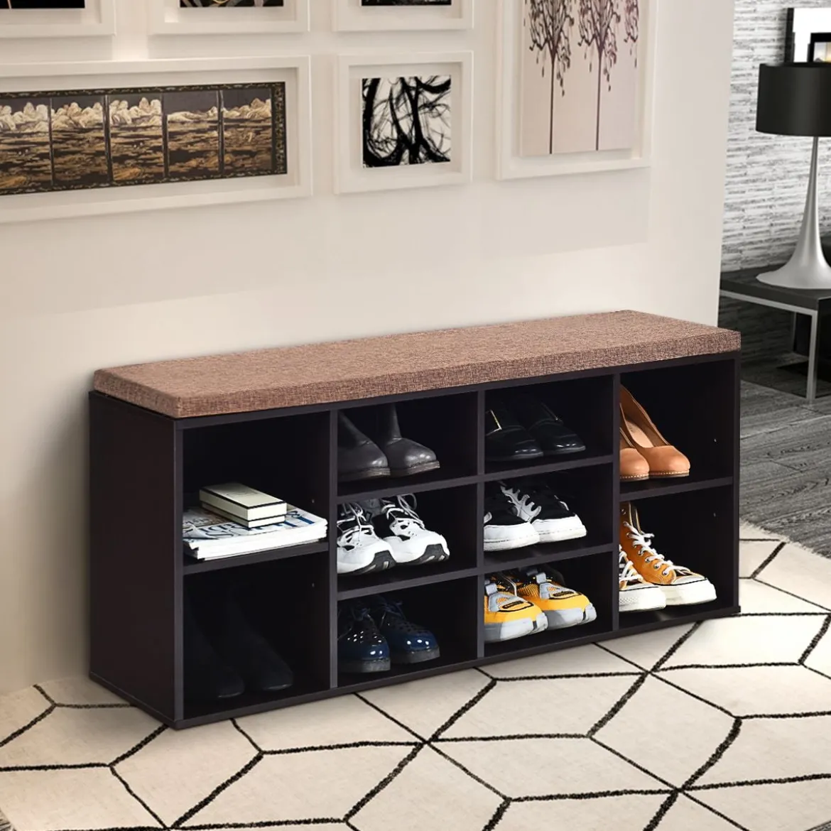 Schuhbank mit Sitzfläche Schuhregal Schuhkommode Schuhablage Schuhschrank Sitzbank mit Regal & Sitzkissen Holz Braun