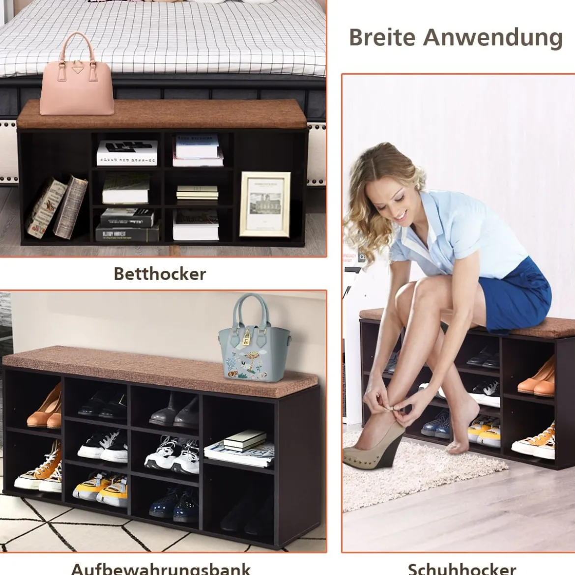 Schuhbank mit Sitzfläche Schuhregal Schuhkommode Schuhablage Schuhschrank Sitzbank mit Regal & Sitzkissen Holz Braun