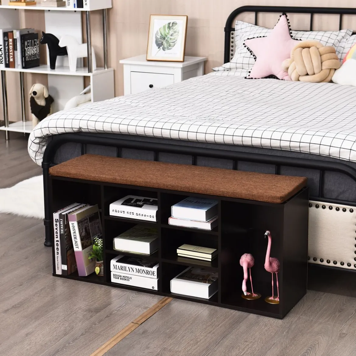 Schuhbank mit Sitzfläche Schuhregal Schuhkommode Schuhablage Schuhschrank Sitzbank mit Regal & Sitzkissen Holz Braun