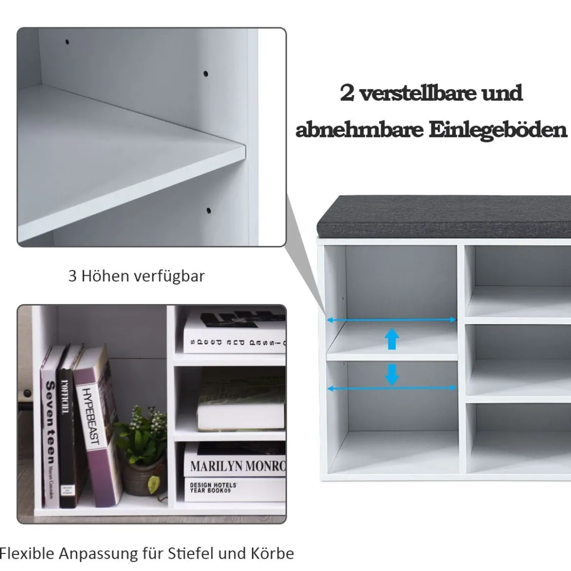 Schuhbank mit Sitzfläche Schuhregal Schuhkommode Schuhablage Schuhschrank Sitzbank mit Regal & Sitzkissen Holz Weiß