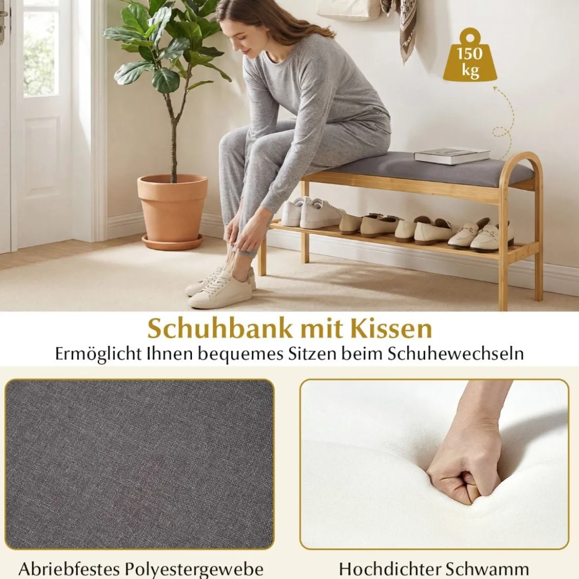 Schuhbank mit Sitzfläche Sitzbank mit 2 Ebenen Gepolstertem Kissen & Bambusrahmen Schuhschrank