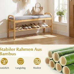 Schuhbank mit Sitzfläche Sitzbank mit 2 Ebenen Gepolstertem Kissen & Bambusrahmen Schuhschrank