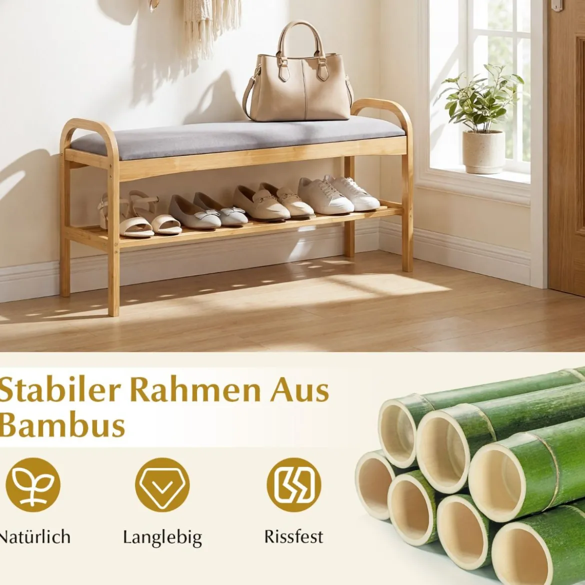 Schuhbank mit Sitzfläche Sitzbank mit 2 Ebenen Gepolstertem Kissen & Bambusrahmen Schuhschrank