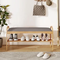 Schuhbank mit Sitzfläche Sitzbank mit 2 Ebenen Gepolstertem Kissen & Bambusrahmen Schuhschrank