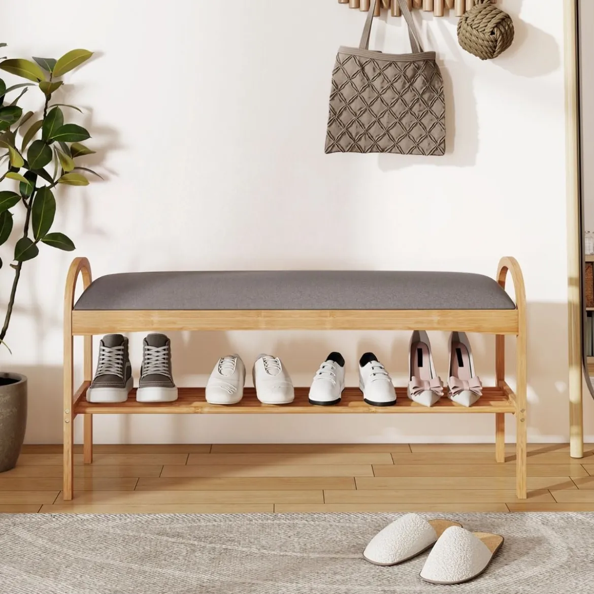 Schuhbank mit Sitzfläche Sitzbank mit 2 Ebenen Gepolstertem Kissen & Bambusrahmen Schuhschrank