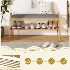 Schuhbank mit Sitzfläche Sitzbank mit 2 Ebenen Gepolstertem Kissen & Bambusrahmen Schuhschrank