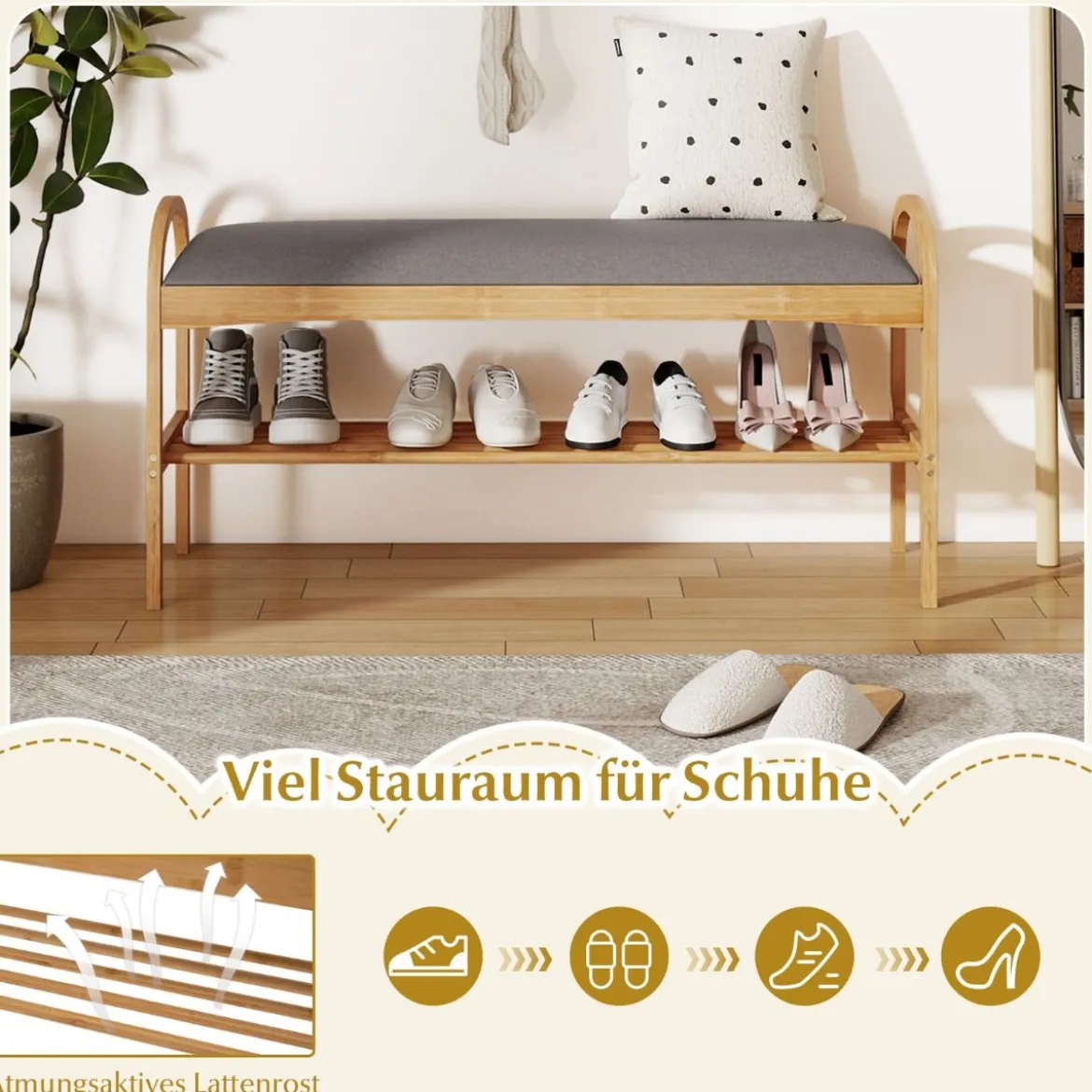 Schuhbank mit Sitzfläche Sitzbank mit 2 Ebenen Gepolstertem Kissen & Bambusrahmen Schuhschrank